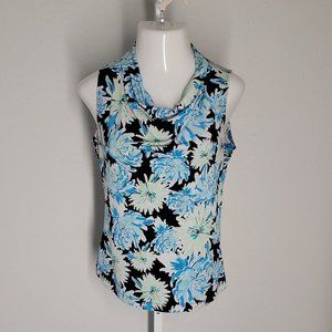 Nue Options Cowl Neck Blouse Shirt ~ Sz S ~ Sleeveless ~ Stretchy ~ Blue & Black